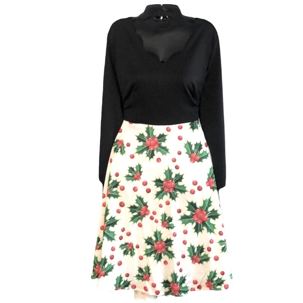 A Line Midi Holiday Dress Holly Black White Green Red​​​​